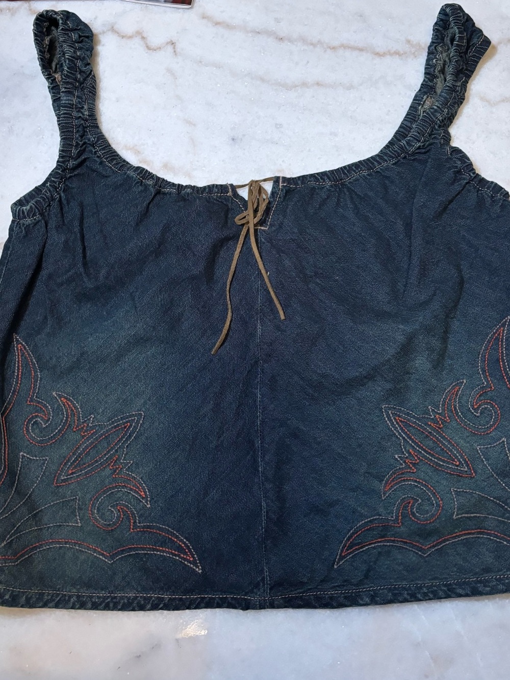 Guess Dark Blue Denim Tank Top with Brown Tie